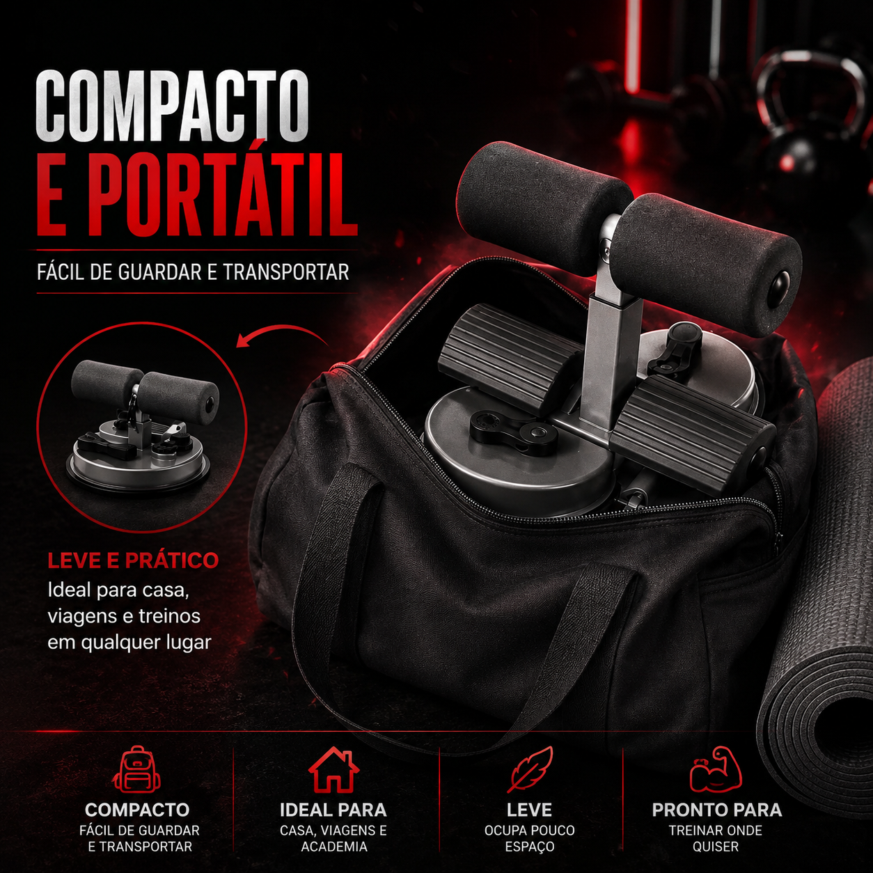 Produto compacto guardado dentro da bolsa de treino