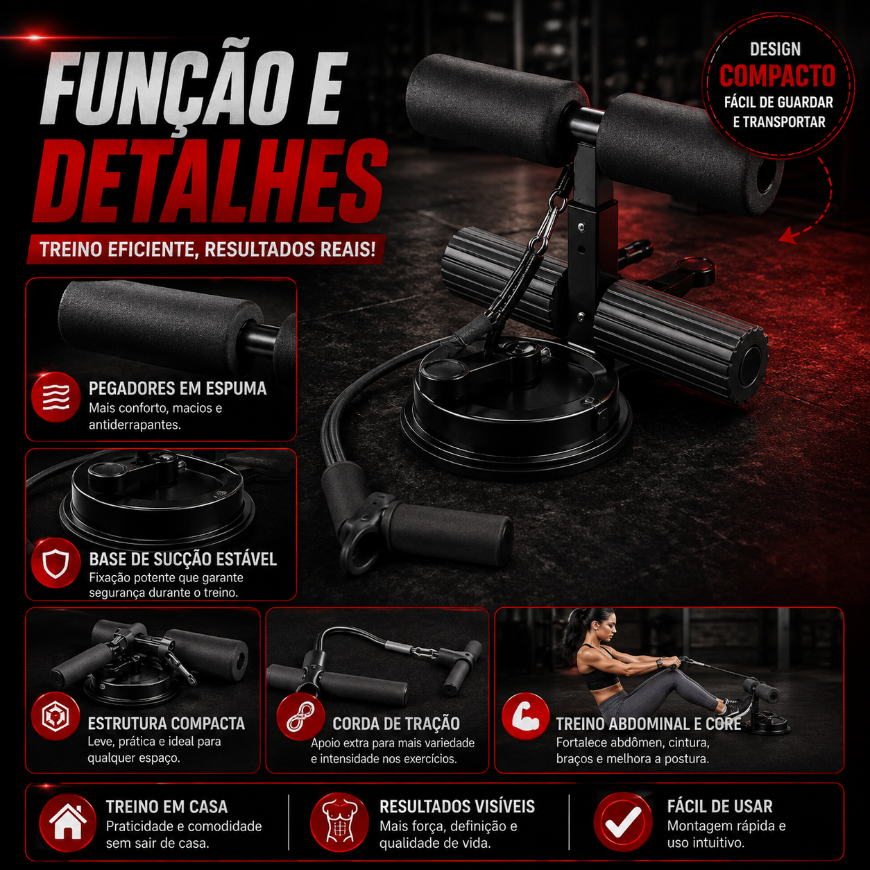 Detalhes do produto: pegadores em espuma, base de sucção e corda de tração