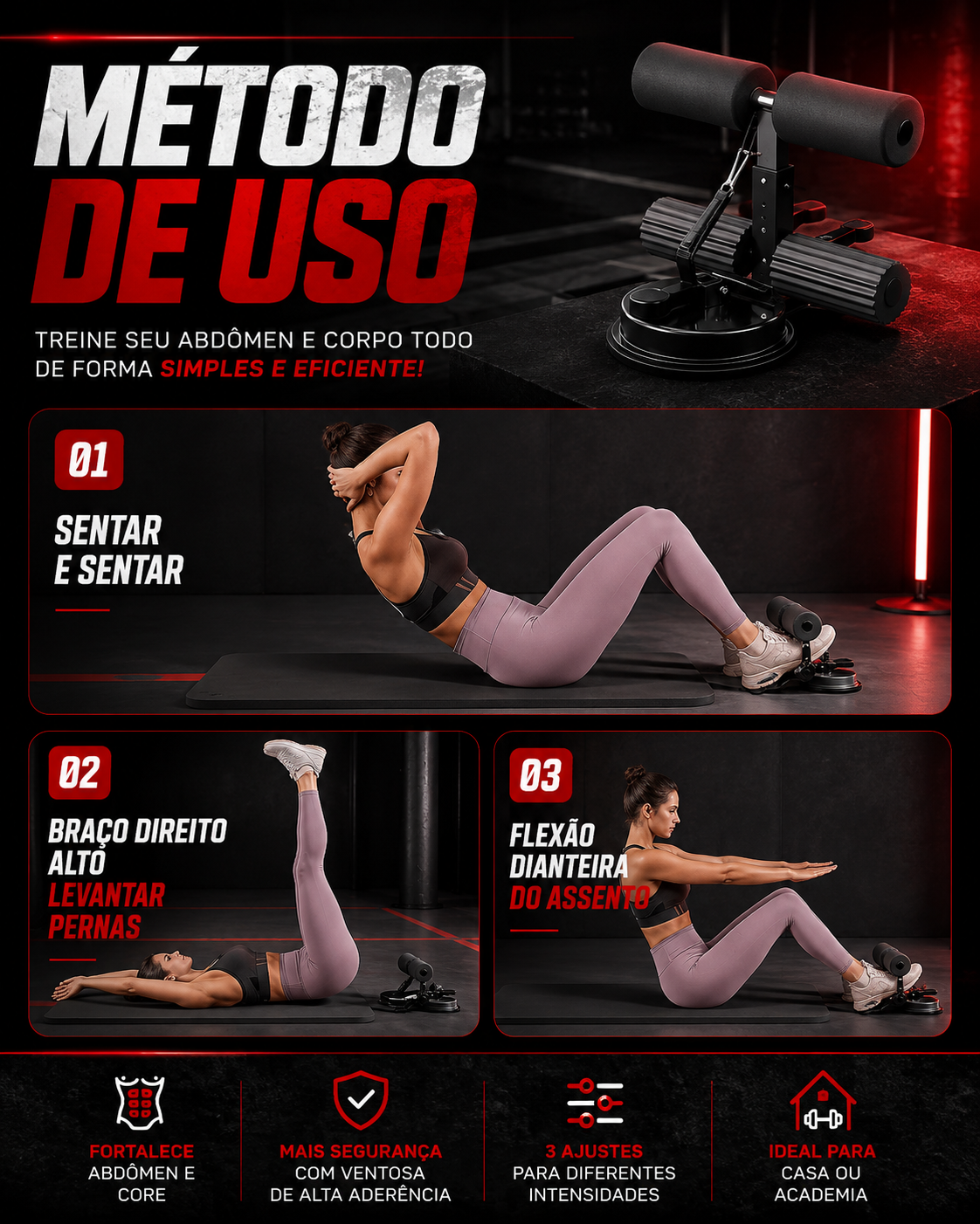 Método de uso em três posições de exercício